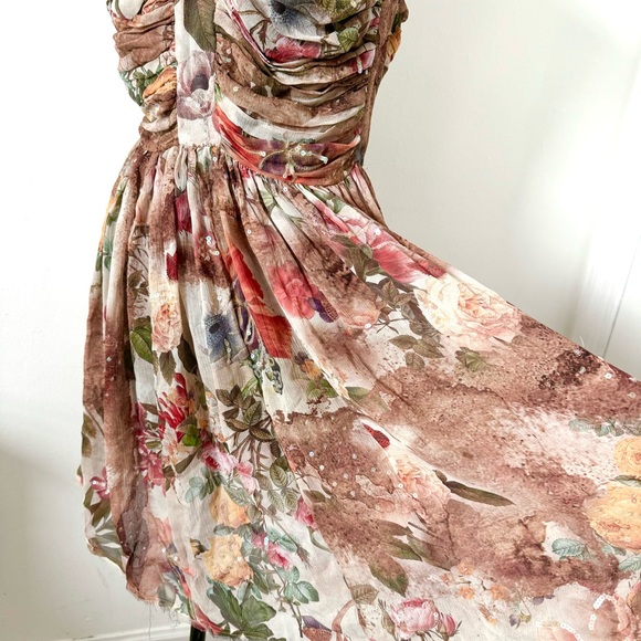 Vintage All Saints Spitalfields Floral Pink and Brown Ruched Dress sz US 6 - Picture 8 of 12